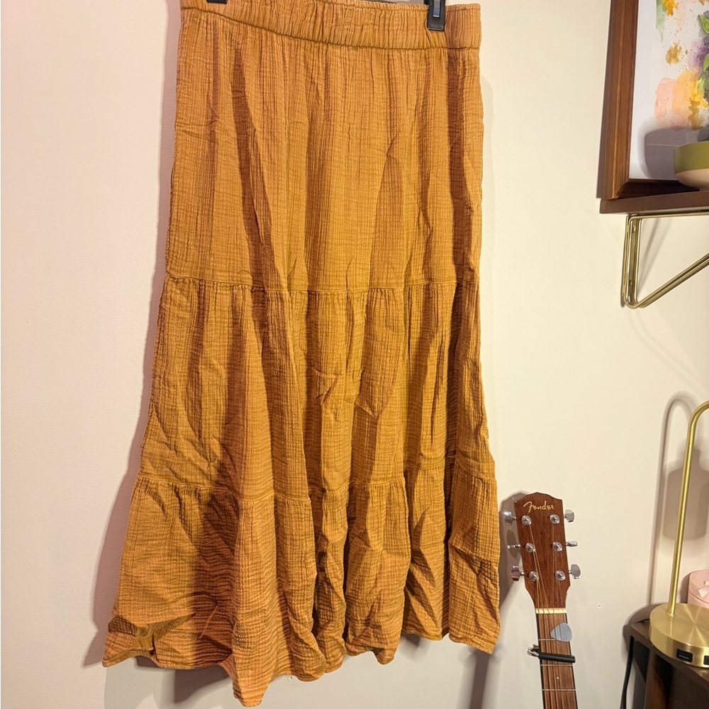 Mustard Yellow Cotton Gauze Tiered Maxi Skirt - Picture 2 of 3